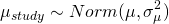 \begin{equation*} \mu_{study} \sim Norm(\mu, \sigma^2_{\mu}) \end{equation*}