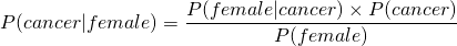 \begin{equation*} {P(cancer|female)} = {{{P(female|cancer)} \times {P(cancer)}} \over {P(female)}}} \end{equation}